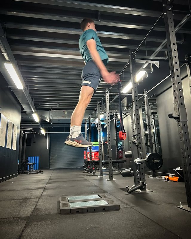 Joe Eason mid-flight on jump testing pad